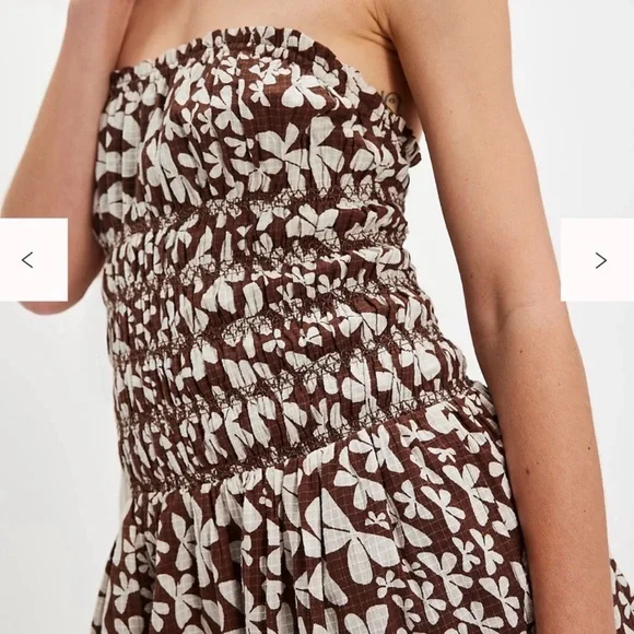 Free People Brown & White Floral Smocked Strapless Bubble Dress - Picture 3 of 14